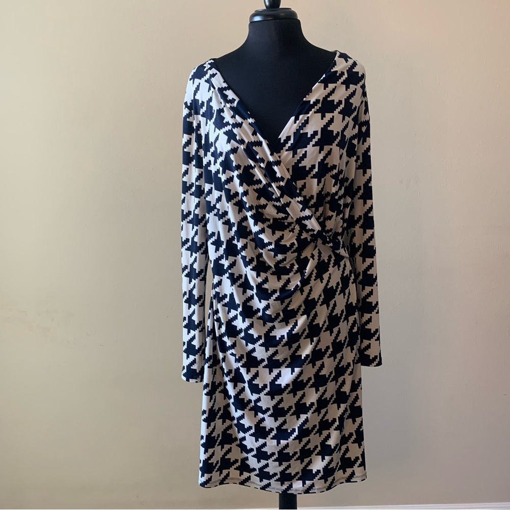 JONES NEW YORK Houndstooth Dress Navy Cream Size XL Ruched - Picture 3 of 13